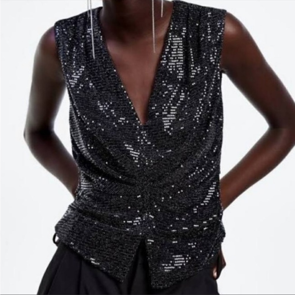 Zara - Black Sequin Ruched Top - XS - NWT